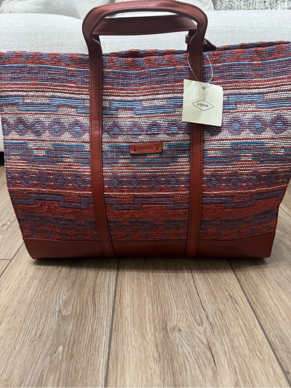 Fossil Red and Blue Patterned Tote